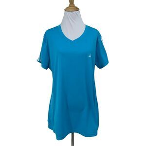 Adidas Athletic Shirt Women's Size M Cyan V Neck Stripe Short Sleeves Sweat Wick